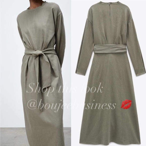 ZARA Linen Blend Midi Dress with Tie Belt - Picture 3 of 5